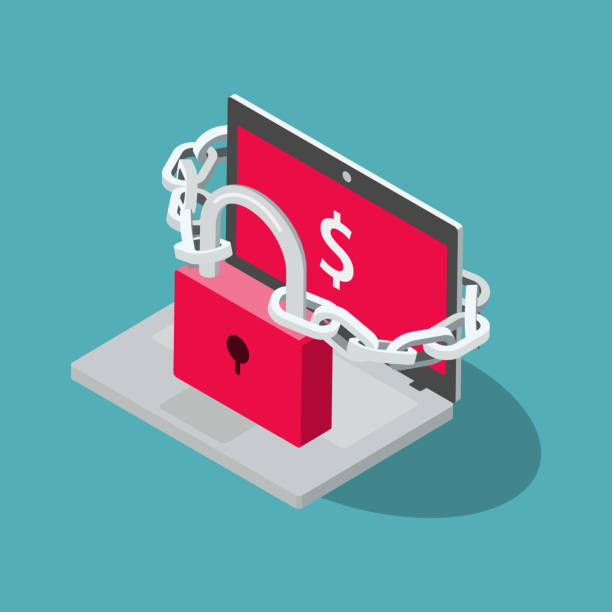 Ransomware vector symbol Ransomware vector symbol with laptop, red padlock and chain isolated on blue background. Flat design, easy to use for your website or presentation. ransomware stock illustrations