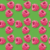 Vector illustration of seamless pattern with red raspberries on a green background in a pop art style.