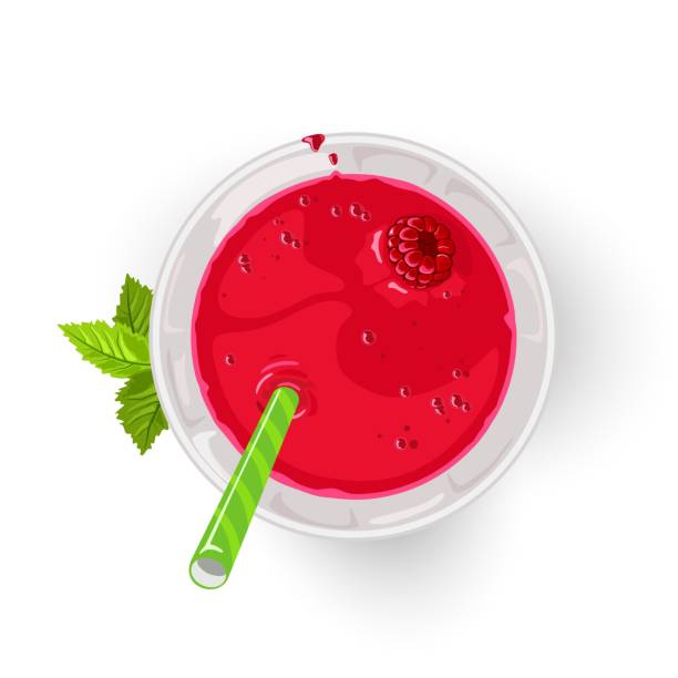 Raspberry cocktail or mocktail in glass with straw. Delicious summer beverage, berry drink Raspberry cocktail or mocktail in glass with straw. Delicious summer beverage, berry drink in transparent cup. Cartoon vector icon isolated on white for menu, recipe, cookbook, advertising. Top view. smoothie designs stock illustrations
