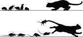 Editable vector silhouettes of a cat stalking rats which then chase it with all elements as separate objects