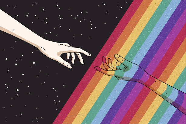 Reaching hands and rainbow in space Gay Pride. Romantic LGBT concept. Rainbow colored hand. Abstract vector colorful illustration for poster, t-shirt print, postcard lgbtq stock illustrations