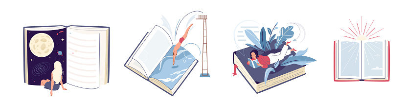 Read book concept design set vector illustration. Collection of man and woman reading literature, immersing at space world, sea. Isolated on white background in simple flat minimal style