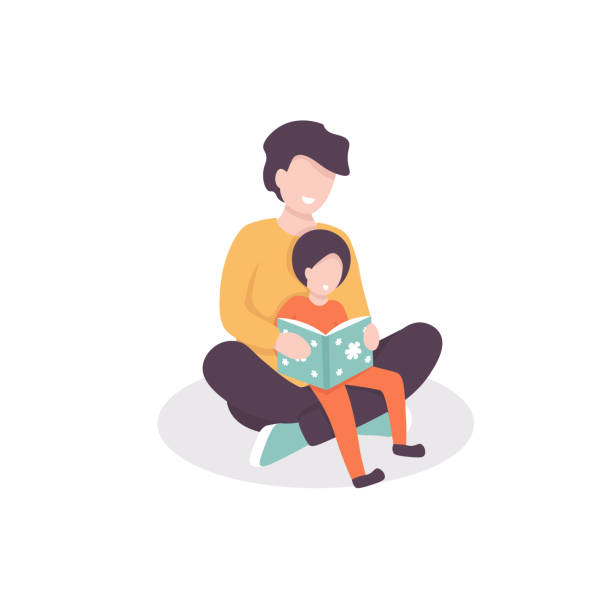read book father and son Young father reads a book with his child, teaches to read his son. Flat vector illustration. father and child stock illustrations