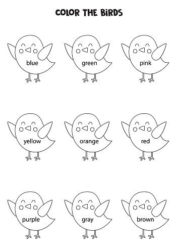 Read names of colors and color cute birds. Educational worksheet for kids.