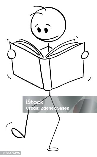 istock Reader Person Walking and Reading Book , Vector Cartoon Stick Figure Illustration 1368371396
