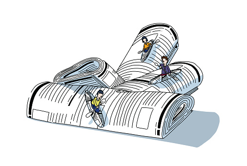 Readers escaping into their journal while reading news and stories, sailing over a waterfall of newspaper.