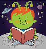 this is a little alien boy reading a book on a distant plant or moon. 