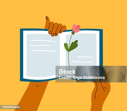 istock Reading books vector illustration with human hands holding open book with flower bookmark 1330024444
