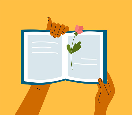 Reading books vector illustration with human hands holding open book with flower bookmark