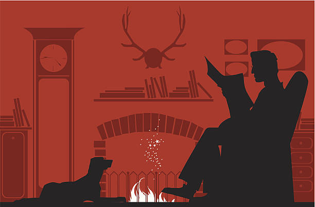 Reading by the fireplace Silhouettes of a reading man by fireplace and a dog newspaper silhouettes stock illustrations