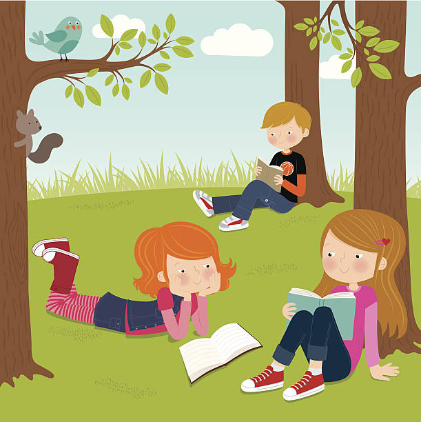 ilustrações de stock, clip art, desenhos animados e ícones de a leitura divertir - kid reading outside
