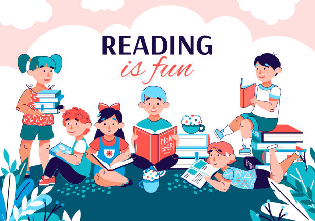 ilustrações de stock, clip art, desenhos animados e ícones de reading is fun banner with children reading books in summer park. - child reading