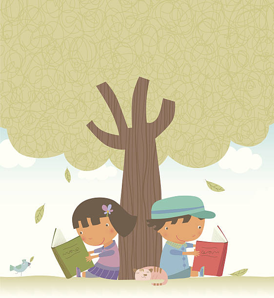 Reading under the tree vector art illustration