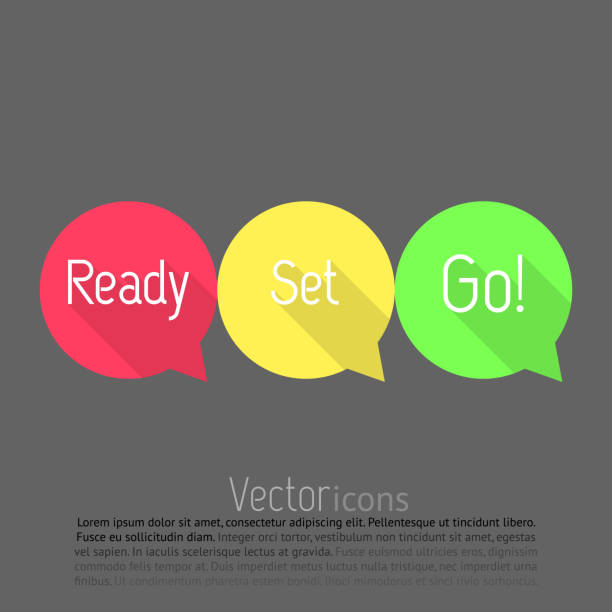 Ready, Set, Go! countdown. Vector talk bubble in three colors. Flat style design with long shadows. Ready, set, go! Ready, set, go icons on grey background making stock illustrations