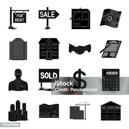 istock Real Estate Agent, agency black icons in set collection for design. Buying and selling real estate vector symbol stock web illustration. 961691086