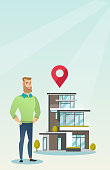 Smiling caucasian real estate agent standing on the background of map pointer above the house. Hipster cheerful real estate agent offering the house. Vector flat design illustration. Vertical layout.