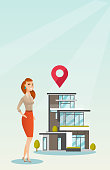Smiling caucasian real estate agent standing on the background of map pointer above the house. Young cheerful real estate agent offering the house. Vector flat design illustration. Vertical layout.