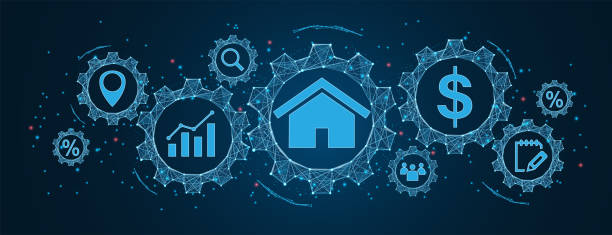 real estate concept, property value with icons of location, contract, and price diagram Cogs and gear wheel mechanisms concept. wireframe low polygonal blue mesh with dots, lines, and shapes. vector art illustration