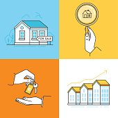 Vector set of linear icons and infographic design elements - real estate concepts - houses for sale - process of purchasing property with agent and investing money in property