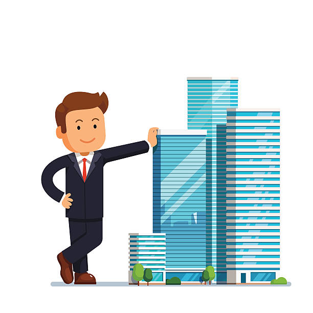 Real estate developer entrepreneur concept Real estate developer entrepreneur concept. Business man owner of skyscraper buildings property standing and leaning to them. Modern flat style vector illustration isolated on white background. entrepreneur patterns stock illustrations