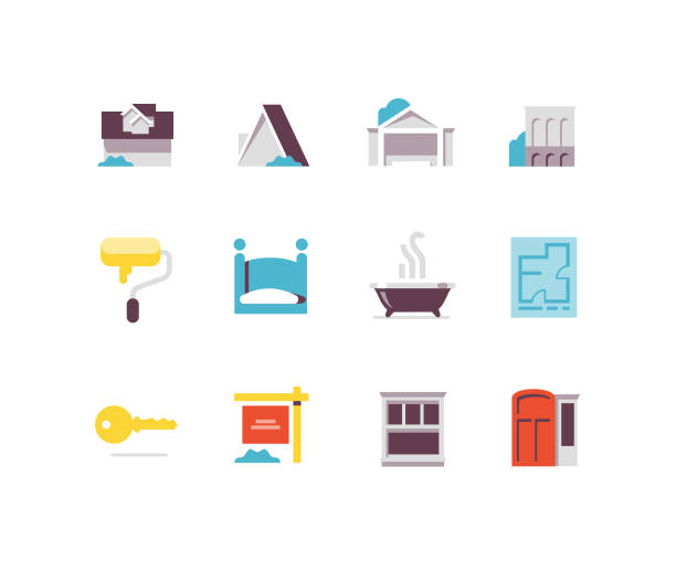 Real Estate Flat icons Real estate icons including house, floorplan, upgrades, bathrooms, realty, commercial bathroom door signs drawing stock illustrations