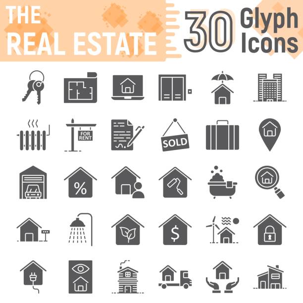 Real Estate glyph icon set, home symbols collection, vector sketches, logo illustrations, building signs solid pictograms package isolated on white background, eps 10. Real Estate glyph icon set, home symbols collection, vector sketches, logo illustrations, building signs solid pictograms package isolated on white background, eps 10. bathroom door signs drawing stock illustrations