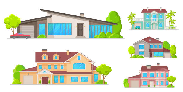 ilustrações de stock, clip art, desenhos animados e ícones de real estate houses, residential cottage buildings - family modern house window