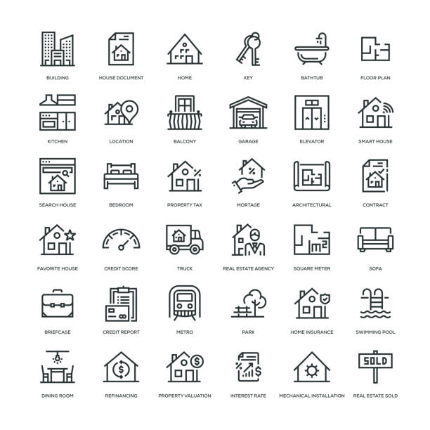 illustrazioni stock, clip art, cartoni animati e icone di tendenza di set di icone immobiliari - immobiliare