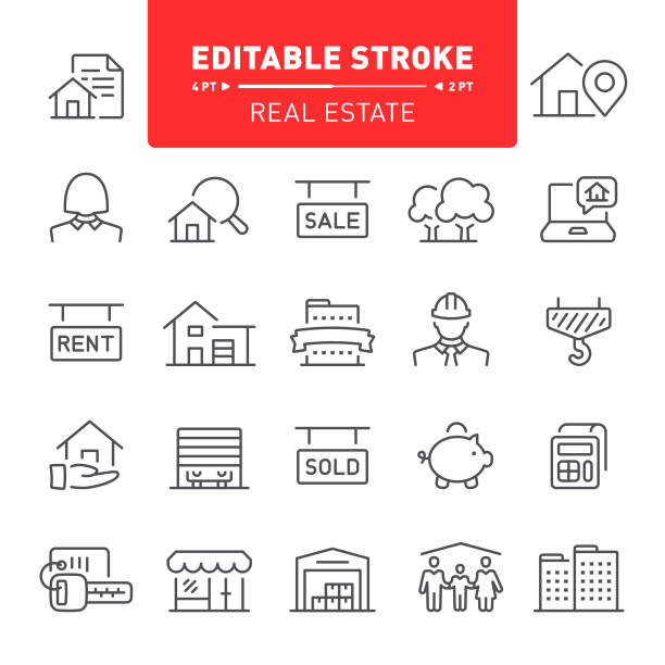 Real estate, mortgage, home ownership, editable stroke, outline, icon, icon set, building, apartment, house