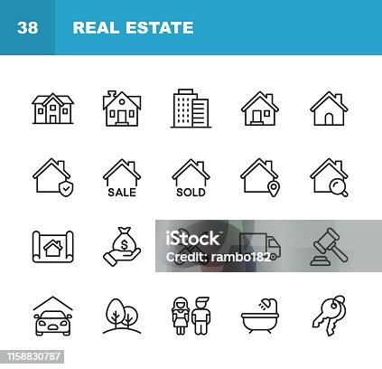 istock Real Estate Line Icons. Editable Stroke. Pixel Perfect. For Mobile and Web. Contains such icons as Building, Family, Keys, Mortgage, Construction, Household, Moving, Renovation, Blueprint, Garage. 1158830787