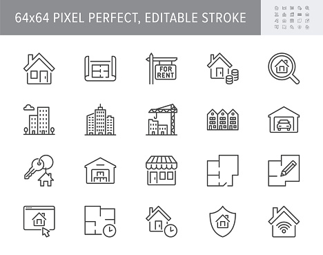 Real estate line icons. Vector illustration include icon - house, insurance, commercial, blueprint, townhouse, keys, shop outline pictogram for property agency 64x64 Pixel Perfect, Editable Stroke.