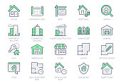 Real estate line icons. Vector illustration include icon - house, insurance, commercial, blueprint, townhouse, keys, shop, store outline pictogram for property agency Green Color, Editable Stroke.