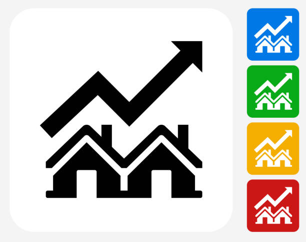 Real Estate Market Increase Icon Flat Graphic Design Real Estate Market Increase Icon. This 100% royalty free vector illustration features the main icon pictured in black inside a white square. The alternative color options in blue, green, yellow and red are on the right of the icon and are arranged in a vertical column. inflation stock illustrations