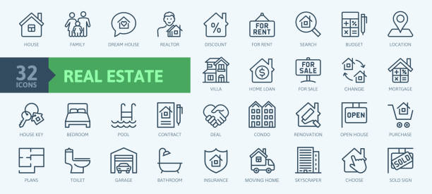 房地產最小細線網頁圖示集合。包括圖示作為房地產，房地產，抵押貸款，住房貸款和更多。 - mortgage 幅插畫檔、美工圖案、卡通及圖標