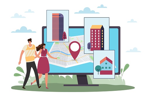 Real estate research online. Website for buying a house, tiny man and woman and huge computer screen with city map and pins, application for service finding home, vector cartoon flat isolated concept