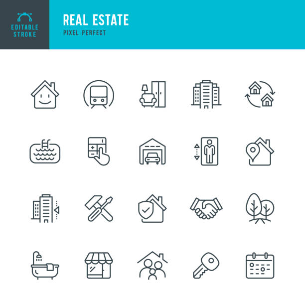 Real Estate - thin linear vector icon set. Editable stroke. Pixel perfect. The set contains icons Real Estate Agent, Home Insurance, Sale, Rent, Location, Truck. Real Estate - thin linear vector icon set. 20 linear icon. Editable stroke. Pixel perfect. The set contains icons: Home, Agreement, Sale, Rent, Real Estate Agent, Home Insurance, Location, Truck, Investment, Interest Rate. indoors stock illustrations
