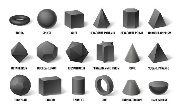 Realistic 3d basic shapes. Sphere shape with shadow, cube geometry and prism model in perspective concept vector illustration set Realistic 3d basic shapes. Sphere shape with shadow, cube geometry and prism model in perspective. Basic geometric hexagonal, cylinder and pyramid forms. Concept isolated vector illustration icons set cylinder stock illustrations
