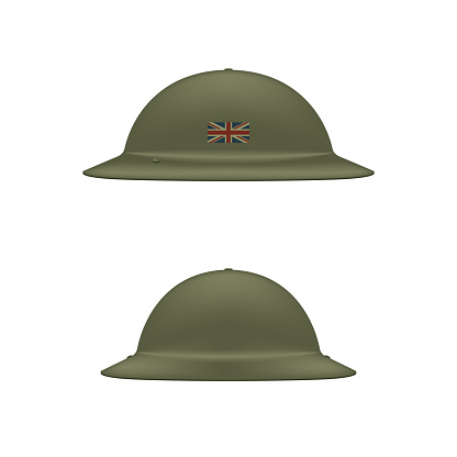 Realistic 3d brodie helmet isolated on the white background, steel combat helmet front and side view vector illustration.