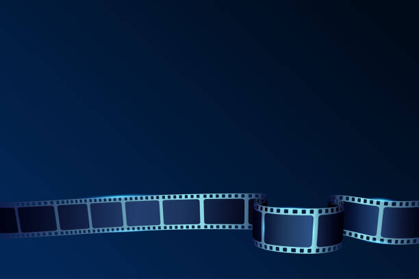 Realistic 3D cinema film strip in perspective isolated on blue background. Vector template cinema festival. Movie design cinema film strip for ad, poster, presentation, show, brochure, banner or flyer Realistic 3D cinema film strip in perspective isolated on blue background. Vector template cinema festival. Movie design cinema film strip for ad, poster, presentation, show, brochure, banner or flyer. film reel stock illustrations