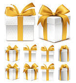 Realistic 3D Collection of Colorful Gold Pattern Gift Box with Ribbon and Bow for Birthday Celebration, Christmas, Party, Anniversary and Eid Mubarak. Set of Isolated Vector Illustration