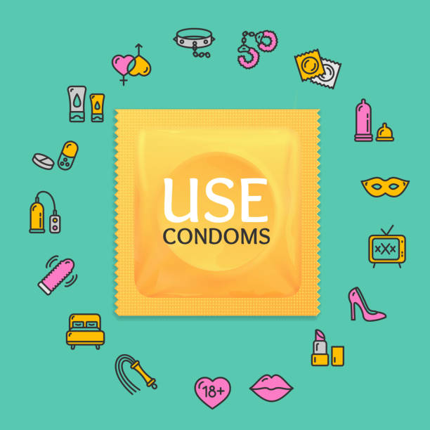 stockillustraties, clipart, cartoons en iconen met realistische 3d-condooms pakket ronde ontwerp sjabloon lijn pictogram concept. vector - vibrator