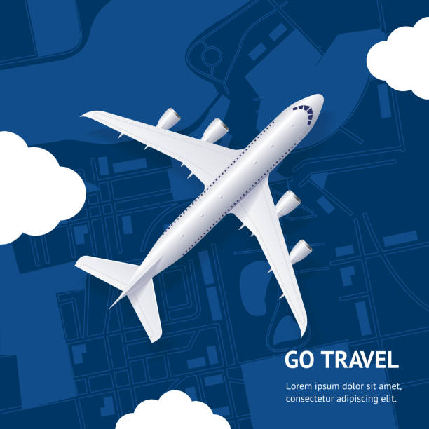 Realistic 3d Detailed Airplane and Go Travel Concept Card. Vector Realistic 3d Detailed Airplane with Clouds over City and Go Travel Concept Card for Advertising. Vector illustration airplane drawings stock illustrations