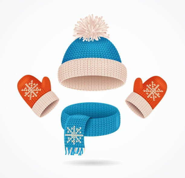 Realistic 3d Detailed Hat, Scarf and Mittens Set. Vector Realistic 3d Detailed Hat, Blue Scarf and Red Mittens with Snowflake Set. Vector illustration of Winter Fashion Warm Garment knit hat stock illustrations