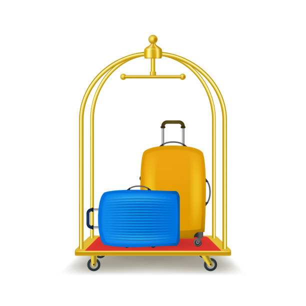 Realistic 3d Detailed Luggage Trolley Cart. Vector Realistic 3d Detailed Luggage Trolley Cart with Suitcase and Bag for Hotel Symbol of Tourism and Travel. Vector illustration luggage cart stock illustrations