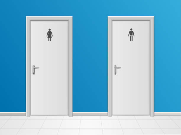 illustrations, cliparts, dessins animés et icônes de plan de toilette détaillé réaliste 3d homme et femme. vecteur - porte salle de bain