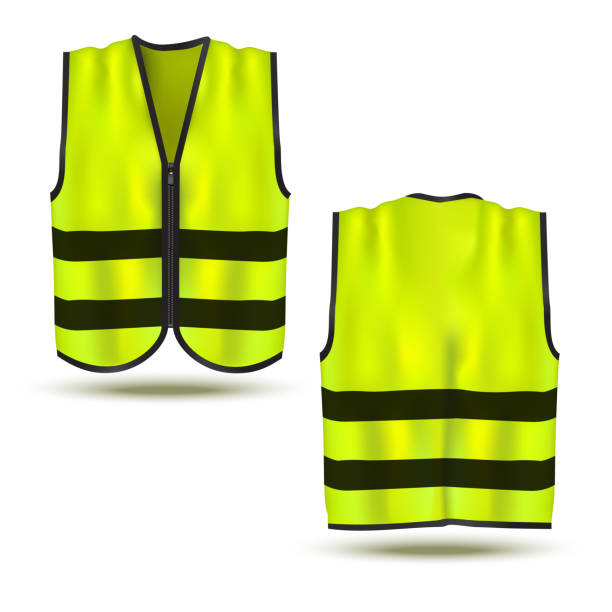 Realistic 3d Detailed Safety Vest Set. Vector Realistic 3d Detailed Safety Vest with Tapes Set Front and Back View. Vector illustration of Protective Uniform waistcoat stock illustrations
