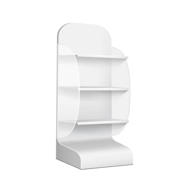 Realistic 3d Detailed White Cardboard Retail Shelves. Vector Realistic 3d Detailed White Cardboard Retail Shelves Empty Template Mockup for Product Advertising. Vector illustration of Stand market retail space stock illustrations
