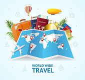 Realistic 3d Detailed World Wide Travel Concept Card Include of Map, Suitcase, Passport, Air Balloon and Ticket. Vector illustration