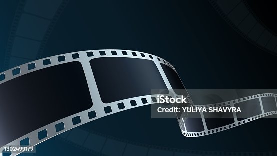 istock Realistic 3d Film strip cinema on blue background with place for text. Modern 3d isometric film strip in perspective. Vector cinema festival. Movie template for festival poster, backdrop, brochure. 1302499179