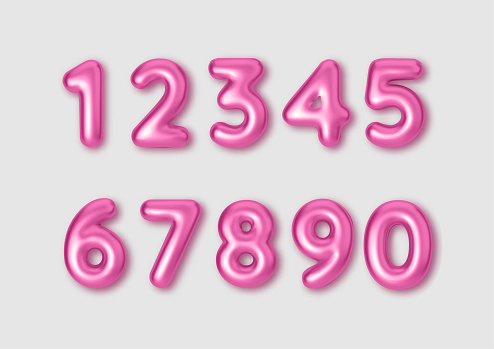 Realistic 3d font color pink numbers. Number in the form of metal balloons. Template for products, advertizing, web banners, leaflets, certificates and postcards. Vector illustration